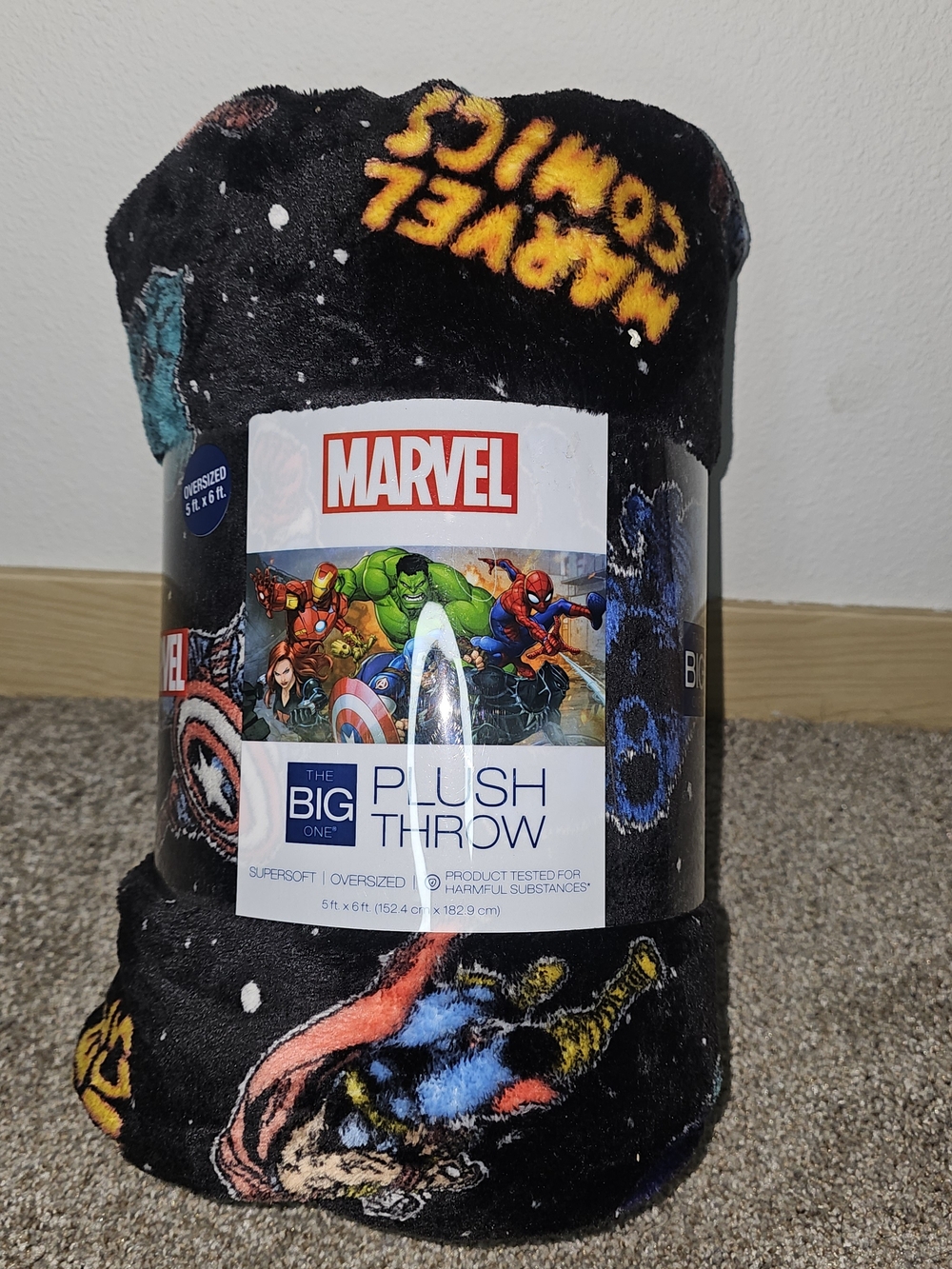 The Big One Plush Throw Blanket - Black with Blue, Red, Yellow Accents